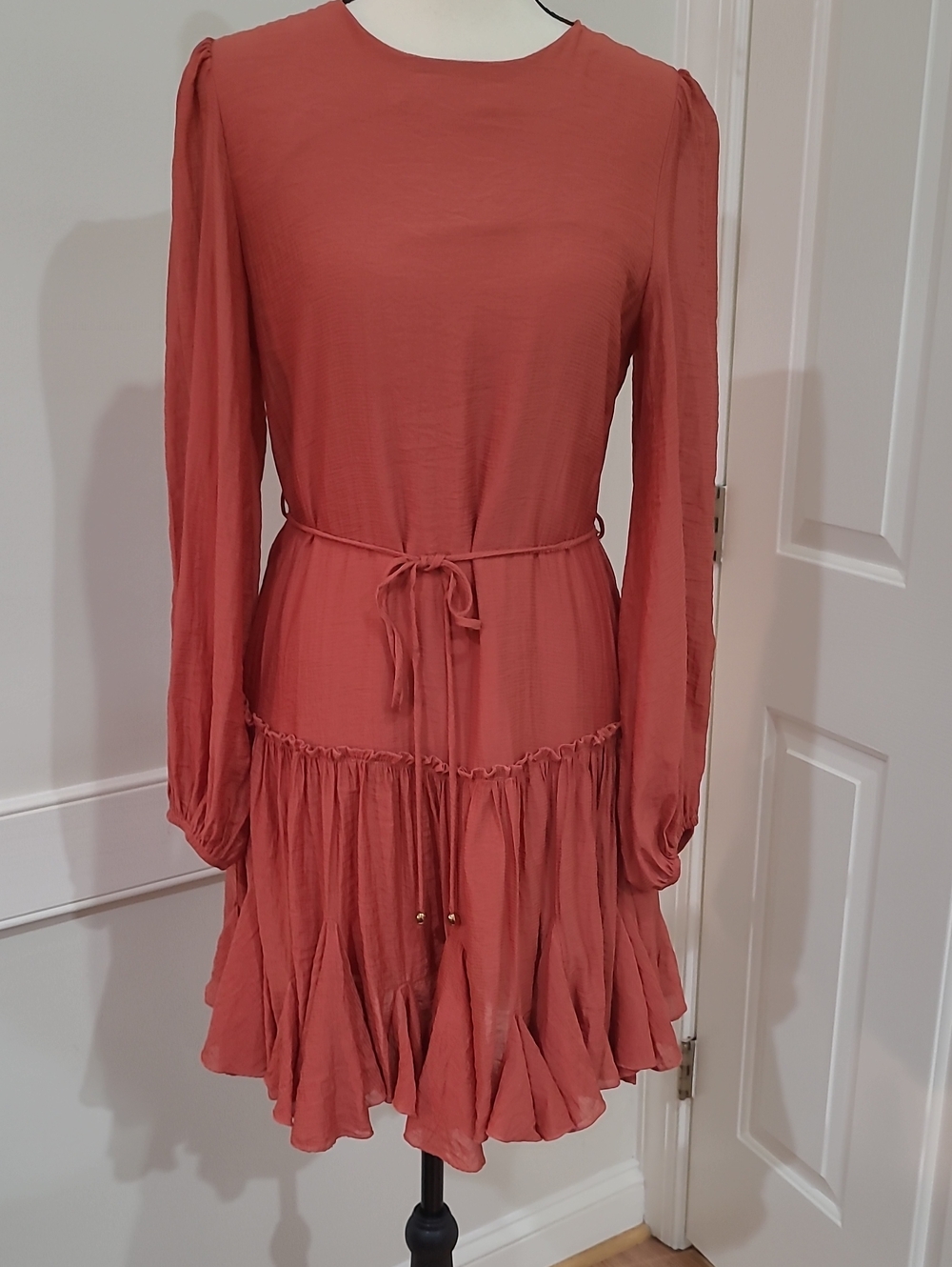 Macaron Long-Sleeve Tiered Dress in Dusty Rose - Size S